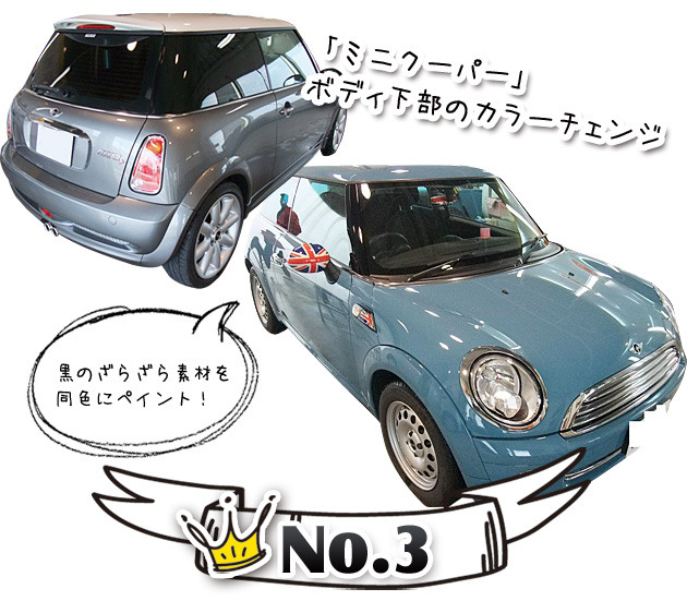 No.3 ミニクーパー　ボディ下部のカラーチェンジ（黒のざらざら素材を同色にペイント）